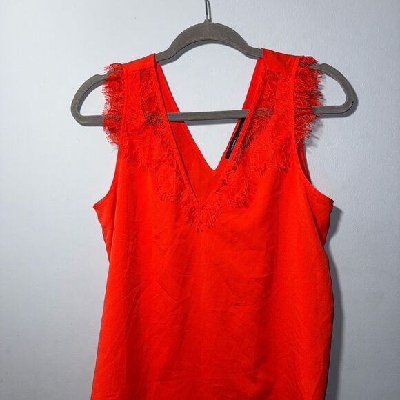 French Connection Chioma V-Neck Lace-Trim Top in Red size Medium EUC holiday - Picture 2 of 7